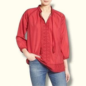 Madewell ‘Camelia’ Embroidered Cotton Gauze Tassel Neck Top in Red Size Small